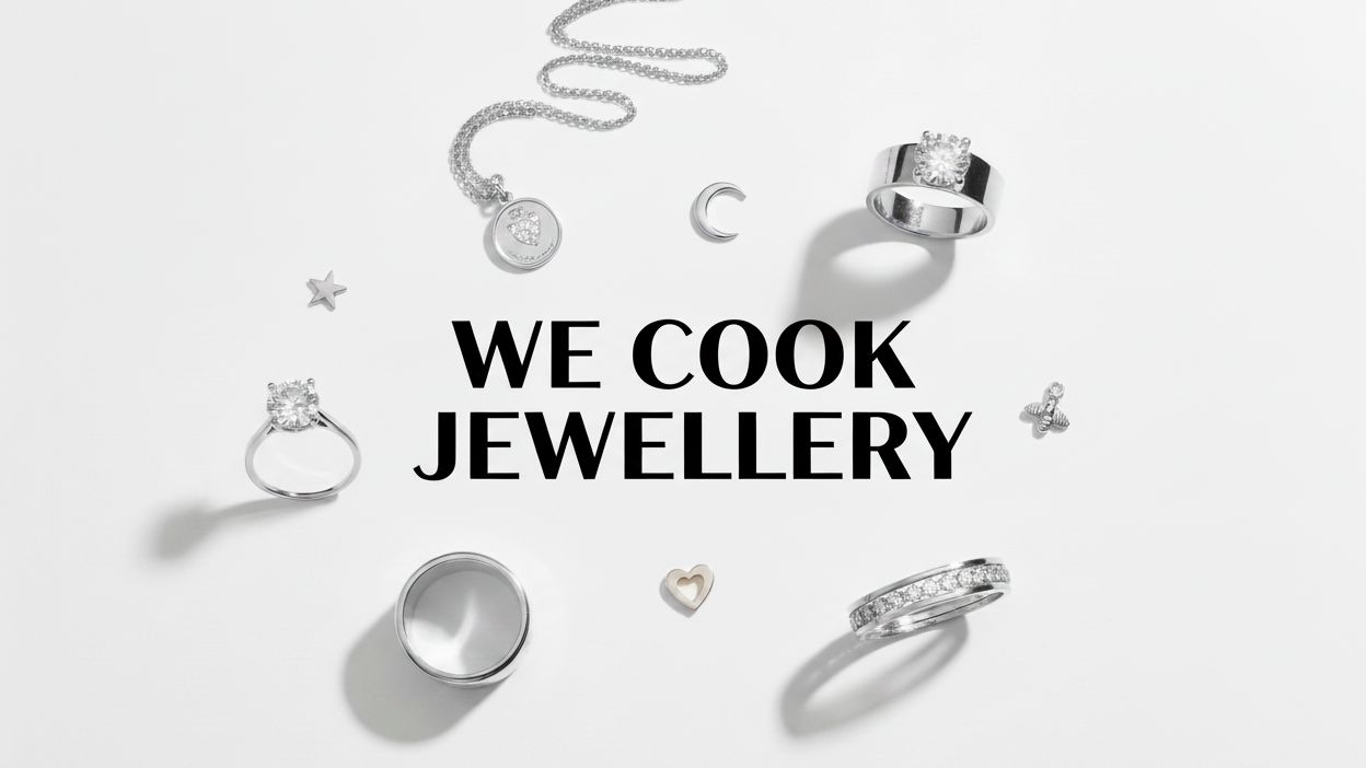 A styled flat-lay of various silver-toned jewelry pieces, including rings, a necklace, and a moon-shaped pendant, arranged around the bold black text 'WE COOK JEWELLERY' on a clean white background.